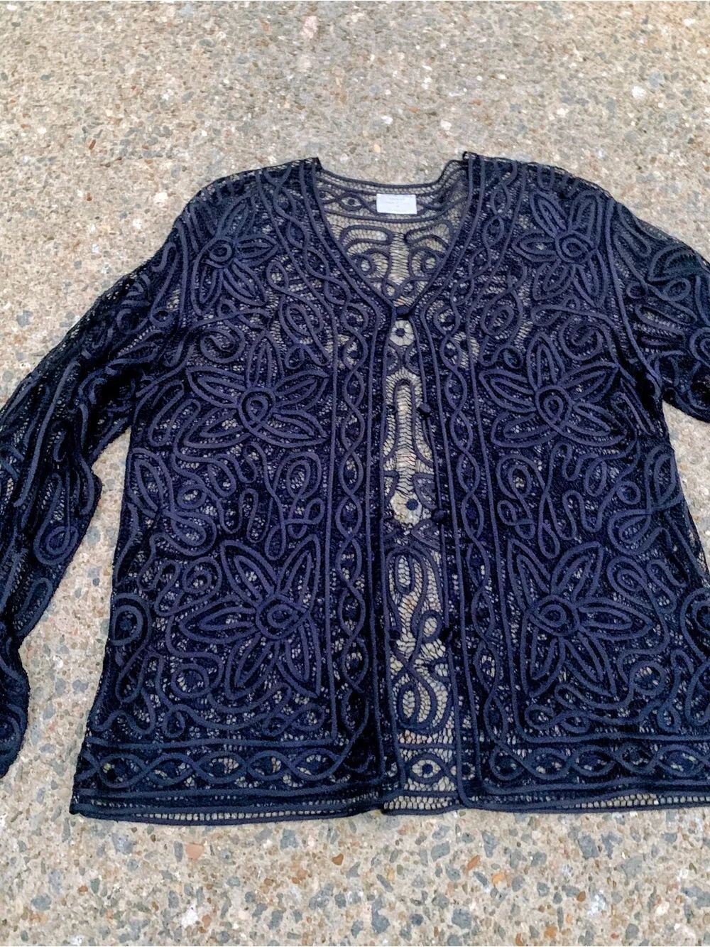 Vintage Garnet Hill 100% Silk Navy Embroidered Sheer Top